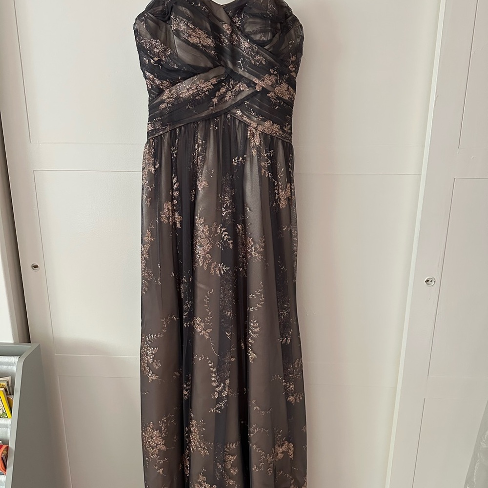 Adrianna Papell Strapless Grey & Champagne Floral Dress